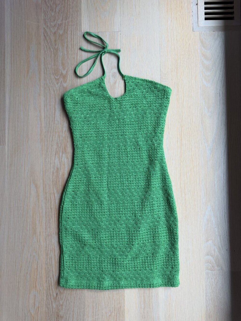 SHEIN Crochet Halter Mini Dress XS Green Tie Neck Lined